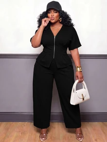 Slaydiva Plus Size 2 Pieces Outfits, Grey Zip Waist Crop Top & Harem Pants Matching Set - Black - View 5
