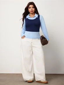 Enliva Plus Size Women's Faux Two Pieces Long Sleeve Collared T Shirt Layered Look Halloween Inspired Easy Cosplay Top Flattering Compatible With Apple Shape - Blue - View 4