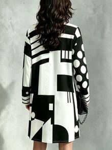 INAWLY Women's Loose Casual Long Sleeve Geometric Pattern Lapel Dress - Multicolor - View 2