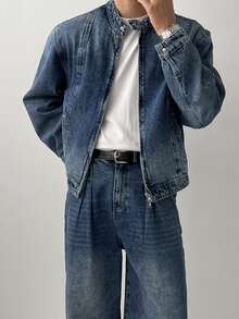 DAZY Spring/Autumn Men's Henley Collar Jacket Style Small Stand Collar Button-Up Blue Washed Distressed Denim Outerwear - Blue - View 1