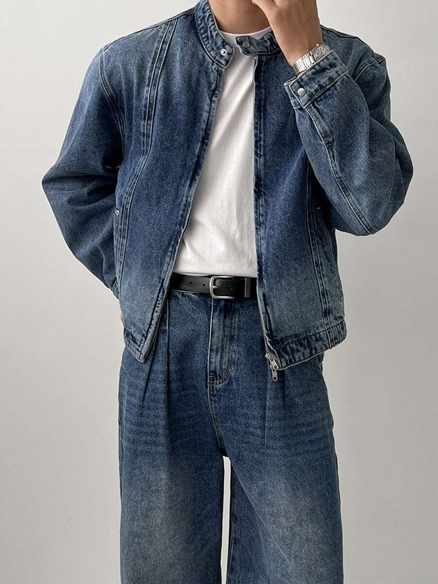 DAZY Spring/Autumn Men's Henley Collar Jacket Style Small Stand Collar Button-Up Blue Washed Distressed Denim Outerwear - Blue - View 1