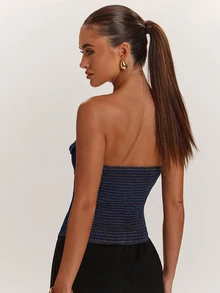 SHEIN BAE Women's Denim Bandeau Sleeveless Asymmetrical Hem Bustier - Blue - View 2