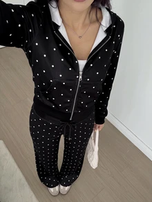 SHEIN EZwear 女款黑色波點印花修身開襟運動衫與喇叭褲休閒套裝，秋冬款 - 黑色 - 查看 2