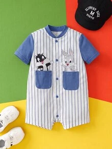 LOONEY TUNES X SHEIN Baby Boy Cartoon Pattern Striped Casual Daily Short Sleeve Romper - Blue - View 8