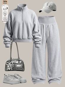 SHEIN Tween女孩 2件組 半拉鍊寬鬆運動衫與休閒寬腿運動長褲套裝，返校季秋冬極簡運動套裝穿搭 - 深灰色 - 查看 4