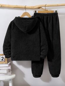 SHEIN 2pcs Kids Tween Boy Casual Daily Versatile Comfortable Plush Patchwork Hooded Half-Zip Pullover Long Sleeve Sweatshirt & Loose Cuffed Knit Pants Fleece Lined Thick Sweatshirt Set - Black - View 2