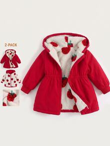 SHEIN 嬰兒可愛休閒秋冬百搭草莓圖案保暖內裡連帽外套 - 紅色 - 查看 9