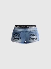Paul Frank X ROMWE Women's Vintage Y2K Low Waist 2 In 1 Denim Shorts With Panty Edge - Blue - View 2