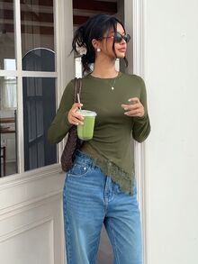 Serisse 女款時尚蕾絲拼接不對稱下擺長袖T恤 - 軍綠色 - 查看 7