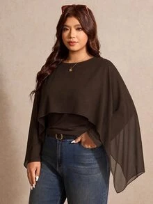 Elaquor Plus Size Round Neck Transparent Bell Sleeve Women's Top Fall/Winter Casual Elegant Office Business Work Top For Women Going Out Casual Top Women Fall - Coffee Brown - View 4