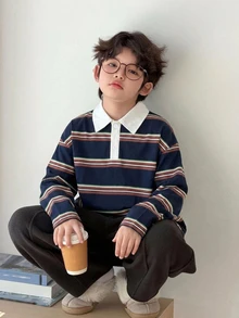 DAZY 青少年男孩條紋拼接休閒日常長袖T恤 - 藏蓝色 - 查看 1