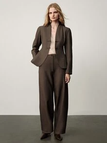 Aveloria Modichic Elegant Autumn/Winter Fashion Solid Color Diagonal Stripe Button Decor V-Neck Blazer With Pants Women Suit Set Office Dinner Dark Brown - Coffee Brown - View 6