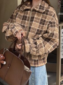 FRIFUL Women's Vintage Plaid Pocket Zipper Long Sleeve Jacket - Grey - View 2