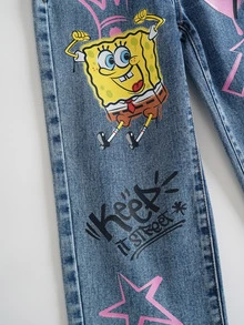 SpongeBob SquarePants | SHEIN Young Girl Cartoon Pattern Print Pocket Fashion Denim Jeans - Baby Blue - View 5