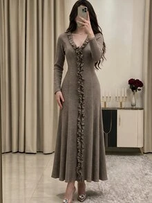 NOVVYNE Women's Knitted Coffee Color V-Neck Ruched Waist Long Sleeve Elegant Romantic Dress - Coffee - View 6