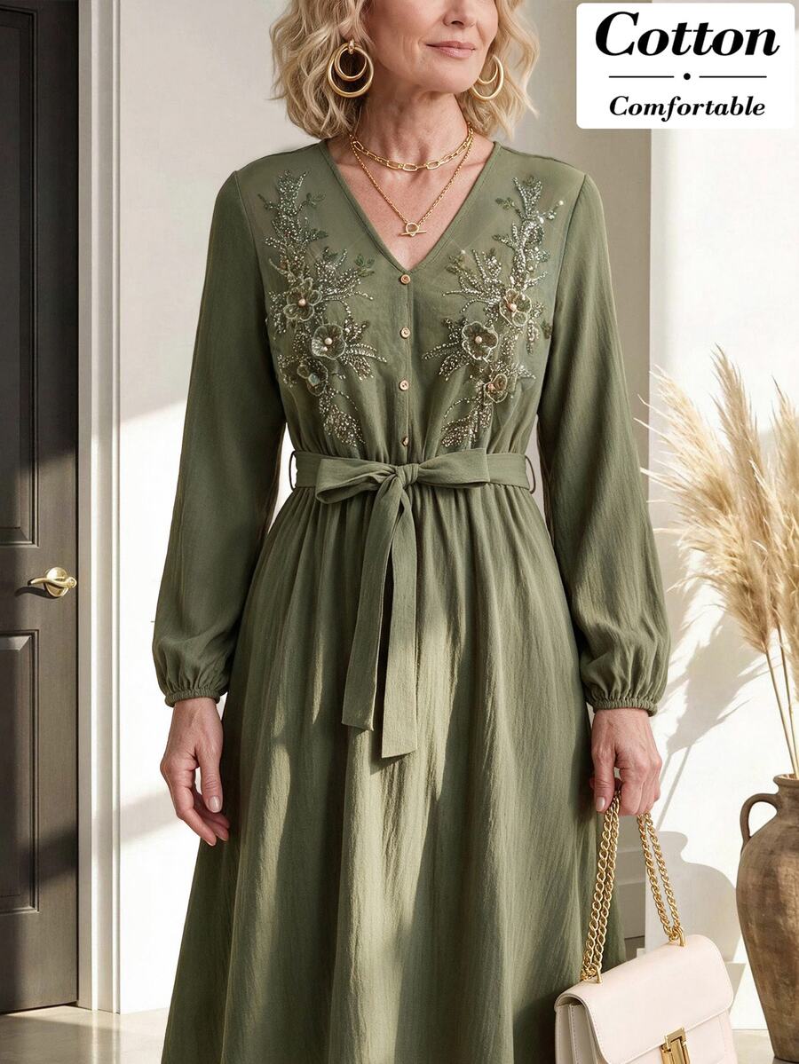 Miaspire Middle-Aged & Elderly Women Street Style V-Neck Embroidered Sequin Dress - Green - View 1