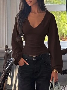 SHEIN Tall 女款簡約百搭純色長袖上衣，適合日常穿著 - 棕色 - 查看 6