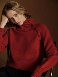Anewsta Essential Women's New Autumn/Winter Slimming Versatile High Neck Knit Sweater Top - Red - View 4