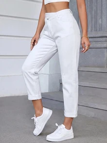 Slaydiva Quần jeans ống đứng cạp thẳng màu trơn có cúc và túi cho người size lớn - trắng - Xem 4
