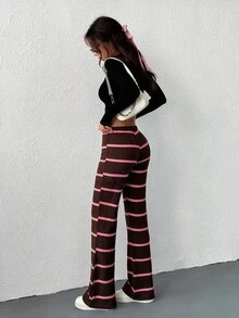 SHEIN EZwear 女款抽繩綁帶條紋雙色長褲 - 棕色 - 查看 2