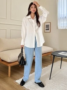 DAZY 女款白色單排扣長袖休閒百搭襯衫 - 白色 - 查看 4