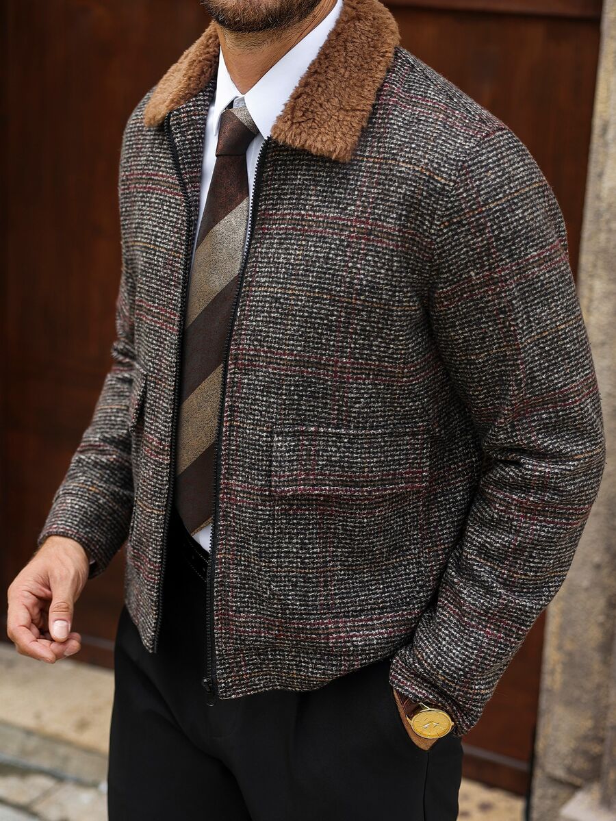 Manfinity Homme Men's Mature Casual Plaid Short Jacket, Best Choice For Holiday Gift - Brown - View 1