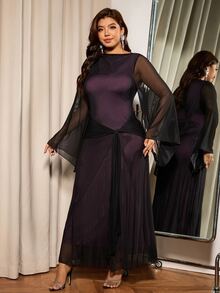 Elaquor Plus Size Women Mesh Patchwork Elegant Waist-Cinching Party Dress - Black - View 4