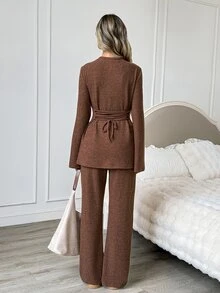 Easowa Women's Fashion Casual Solid Color Round Neck Long Sleeve Top & Pants Two Pieces Set - Brown - View 2