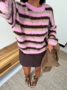 SHEIN Glamour Women's Round Neck Long Sleeve Striped Color Block Alpaca Wool Sweater - Multicolor - View 1