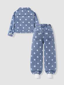 SHEIN 女童波點牛仔套裝 淺藍水洗短版牛仔夾克與直筒牛仔褲 2件組 秋季甜美休閒校園風少女服飾 - 淺色水洗藍 - 查看 2