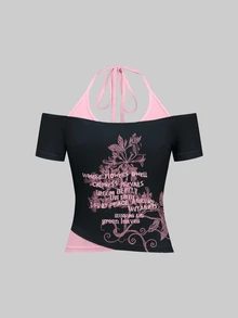 Attitoon 女款休閒復古假兩件式T恤，復古Y2K穿搭，夏季服飾，街頭風，適合日常通勤、約會、聚會、秋冬/夏季、派對、婚禮、海灘、畢業典禮，優雅休閒，外出穿搭，Y2K色塊拼接藍色上衣 - 彩色 - 查看 2