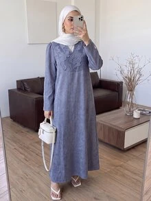 Solavon Women's French Lace Long Sleeve Arabian Dress - Blue - View 6