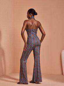 JIAN LASALA All-Over Print Halter Neck Tie Sleeveless Flared Leg Women Summer Jumpsuits Boho Casual - Multicolor - View 2
