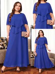 Reflora Plus Size Women Solid Color Casual Party Dress - Royal Blue - View 6