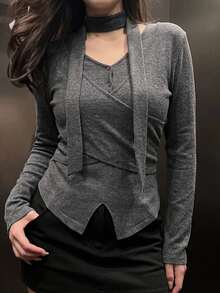 Dazy Plus Korean Style Layered Asymmetric Placket Criss-Cross Tie Casual Fitted Long Sleeve Spring Autumn New T-Shirt - Dark Grey - View 1