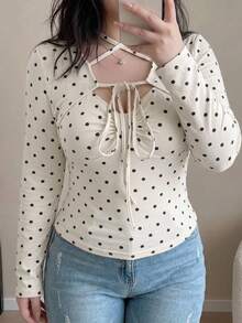 Dazy Plus Fashion Polka Dot Halter Neck Tie Fitted Korean Style Spring Autumn New Long Sleeve T-Shirt - Beige - View 6