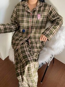 Dazy Plus Fashion Plaid Cartoon Print Loose Long Sleeve Top & Pants 2pcs Set Loungewear Pajama Outfit - Olive Green - View 2