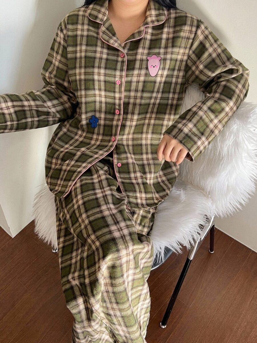 Dazy Plus Fashion Plaid Cartoon Print Loose Long Sleeve Top & Pants 2pcs Set Loungewear Pajama Outfit - Olive Green - View 1