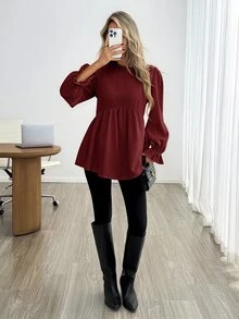 Easowa 女款優雅百搭百褶喇叭袖襯衫 - 紅色 - 查看 2