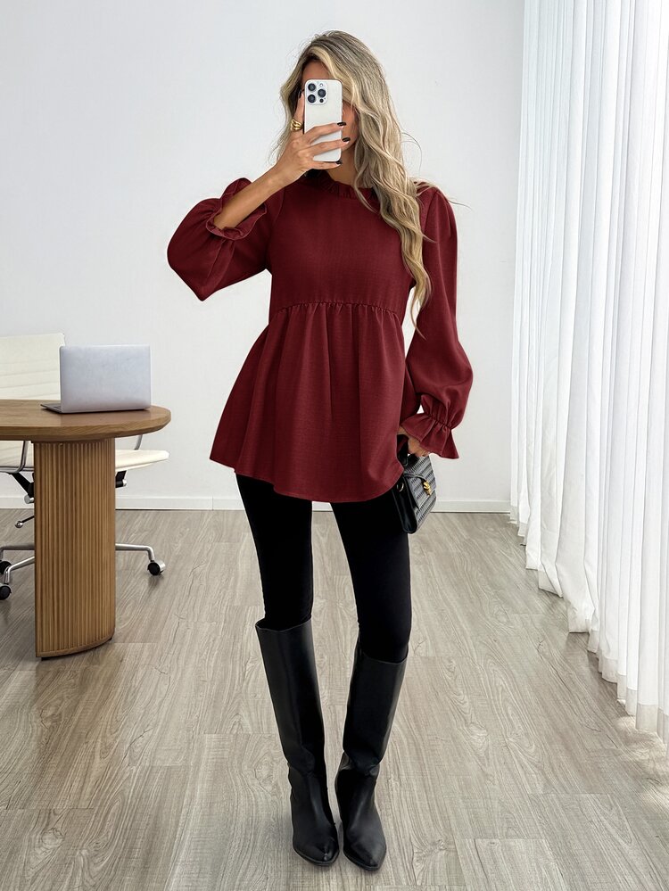 Easowa Women's Elegant Versatile Pleated Bell Sleeve Blouse - Red - View 2