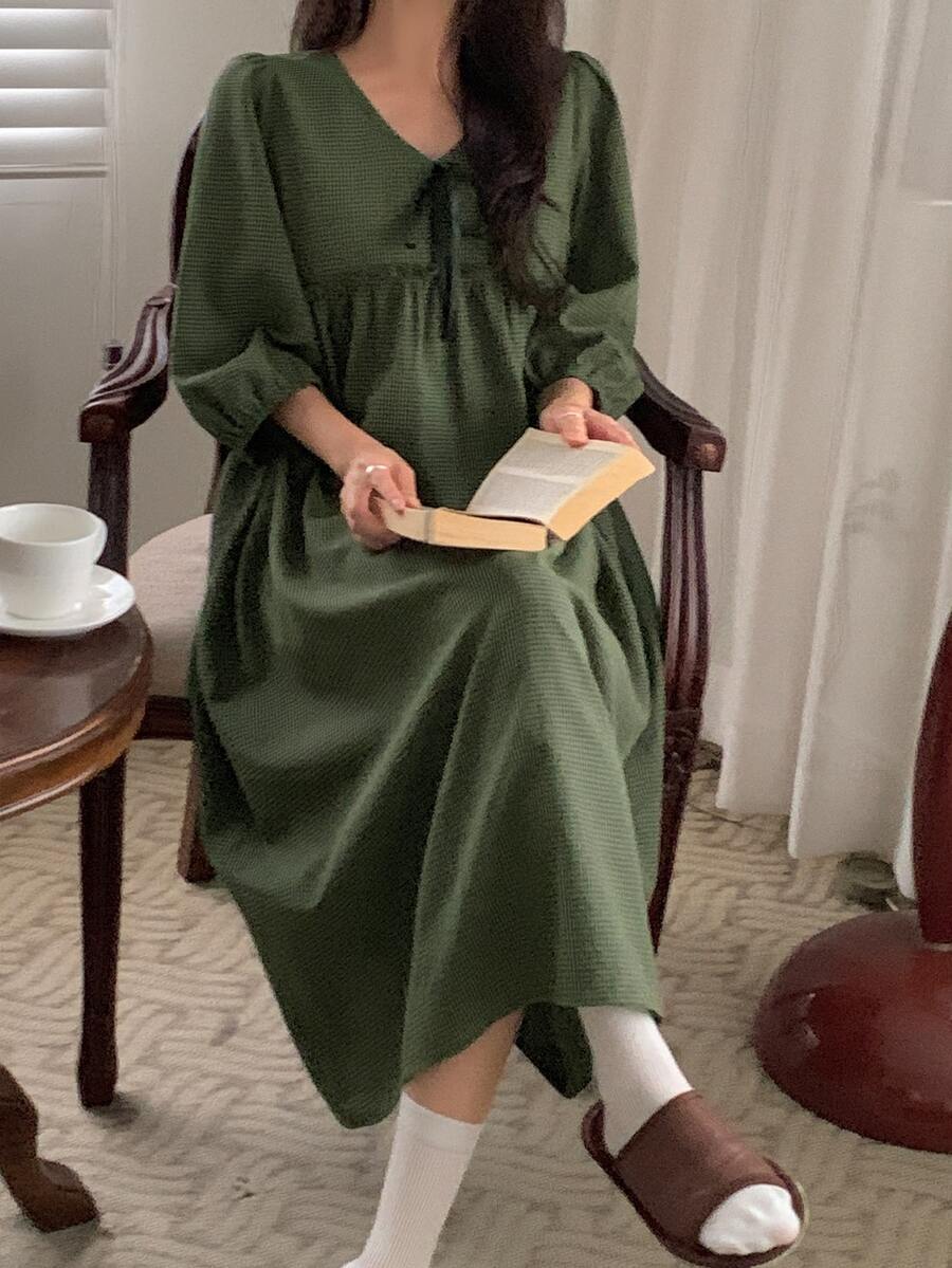 DAZY Solid Tie Front Smock Sleep Dress - Green - View 1