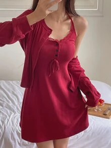 DAZY Enfärgat pyjamasset med camisoleklänning och morgonrock med spetskant - Bourgogne - Visa 1