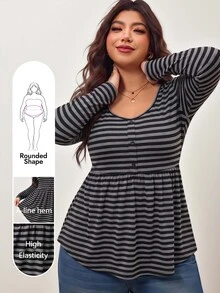 Enliva Plus Size Women's Striped Casual Everyday Stretch Long-Sleeve T-Shirt Apple,Rounded Body - Multicolor - View 3