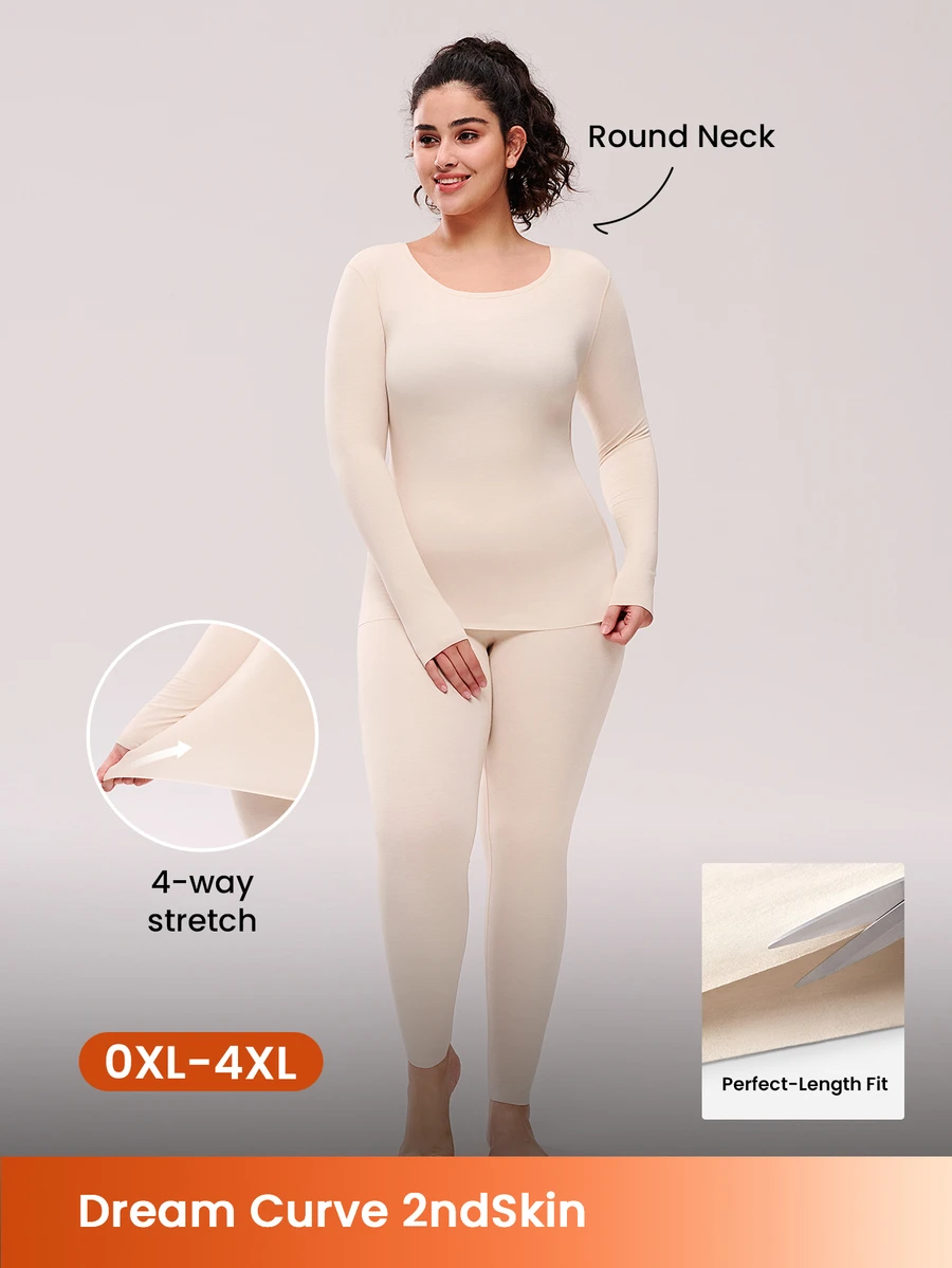 LUVLETTE Plus Women's Thermal Underwear Ultra-Soft Base Layer Cold Weather Warm Winter PJ Set Round Neck Top And Long Bottoms - Beige Lightweight And Warm Set  - Apricot - View 1