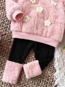 SHEIN Infant Girls Cute Fluffy Pink Floral Sweatshirt & Elastic Waist Long Pants Set - Pink - View 6