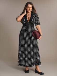 Freevana Plus Size Women's Fashion Polka Dot Lace Patchwork Romantic Dress - Black - View 7
