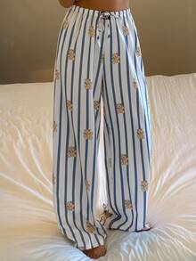 DAZY Women's Striped & Cartoon Print Elastic Waist Drawstring Loose Pajama Pants - Blue and White - View 6