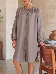 EMERY ROSE Women's Round Neck Long Sleeve Single-Breasted Solid Color Dress - Brown - View 5
