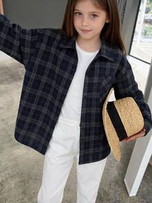 Hapijoa 翻領條紋寬鬆休閒青少年女孩襯衫 - 藏蓝色 - 查看 2