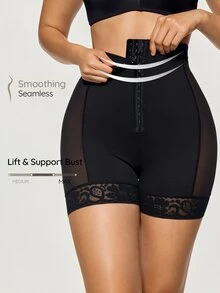 SHAPORA Women's Short Lace Patchwork Seamless Shapewear - Black - View 1